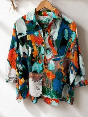 3 Potato S/M Abstract Print Shirt Colorful Art to Wear Oversized Lagenlook